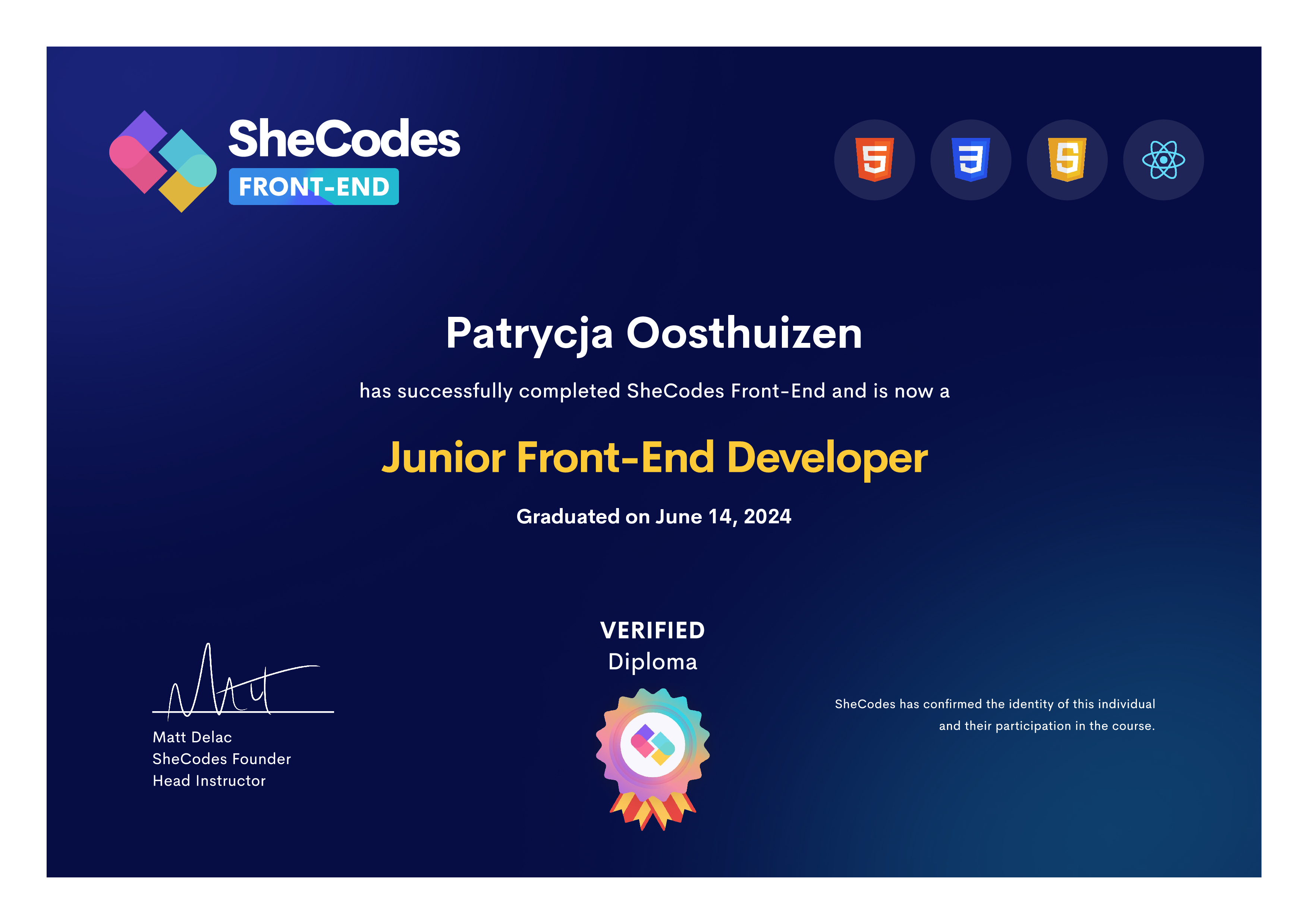 Patrycja's SheCodes Jr. Front-End Diploma